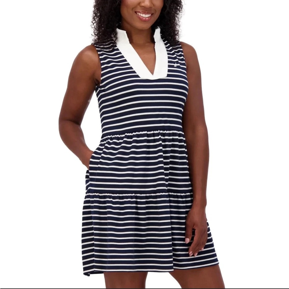 Nautica Jeans | Navy and white striped cotton collared v-neck tiered midi dress